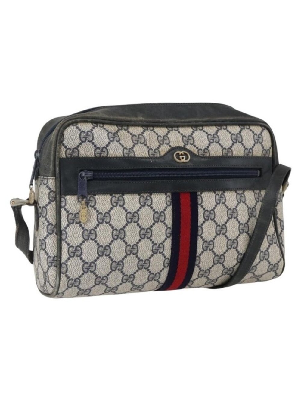 Authentic GUCCI GG Supreme Sherry Line Shoulder Bag PVC Navy Gold